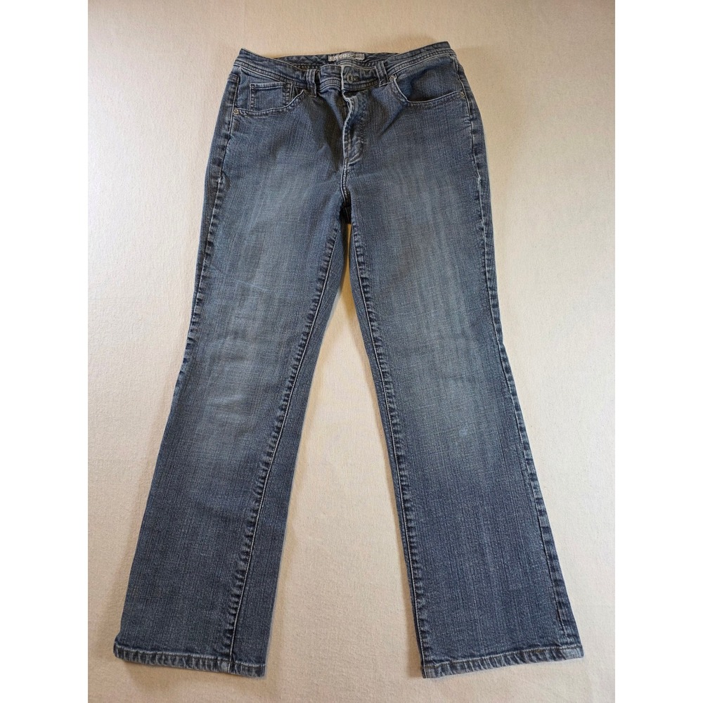 Chicos Platinum Denim Womens 1 Short Blue Bootcut Jeans Mid Rise Embroidered